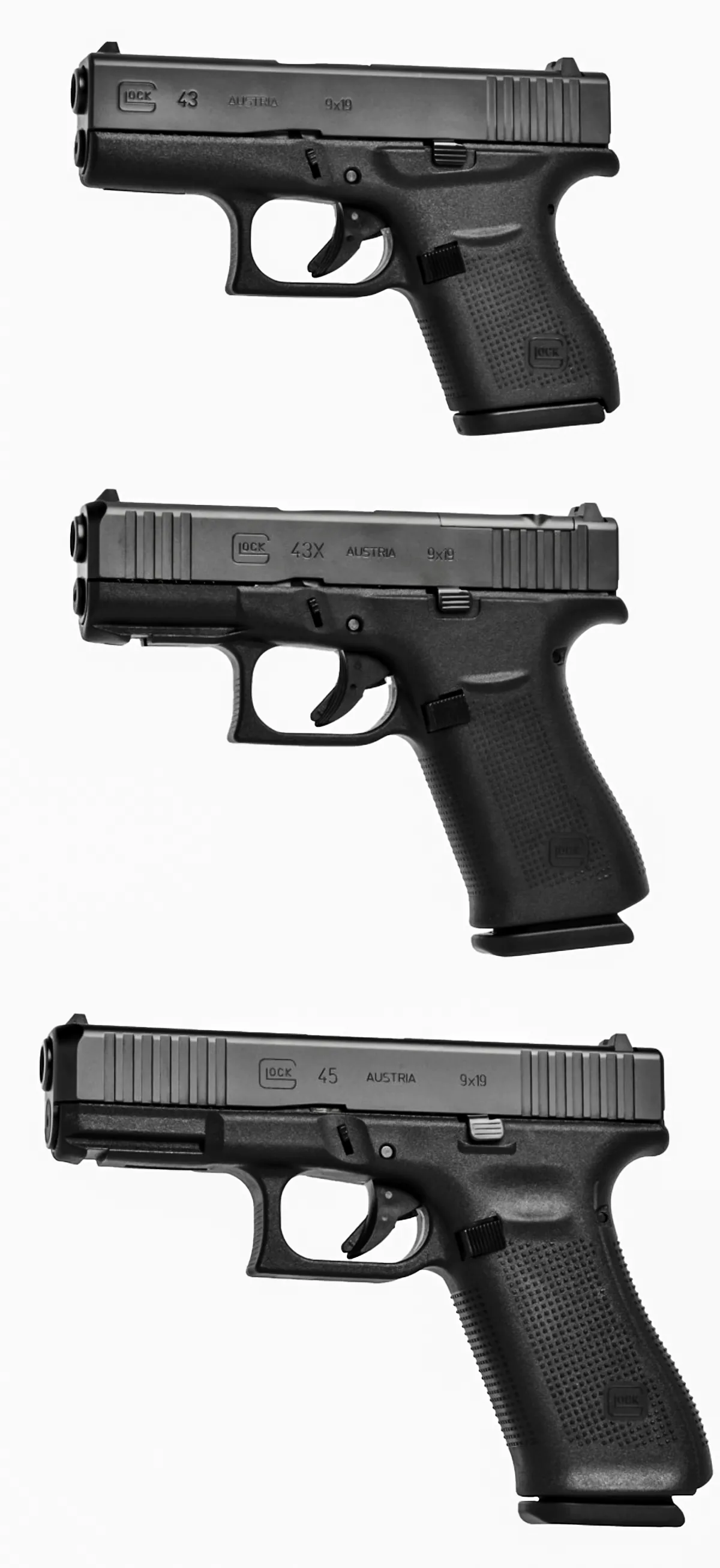 Le Glock 43 contre le 43X comparé au Glock 45.