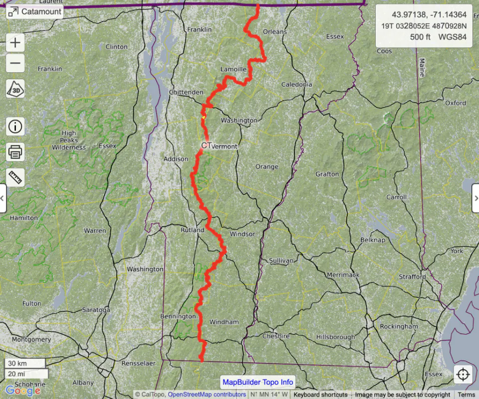 Catamount Trail affiché dans l'application GPS Caltopo
