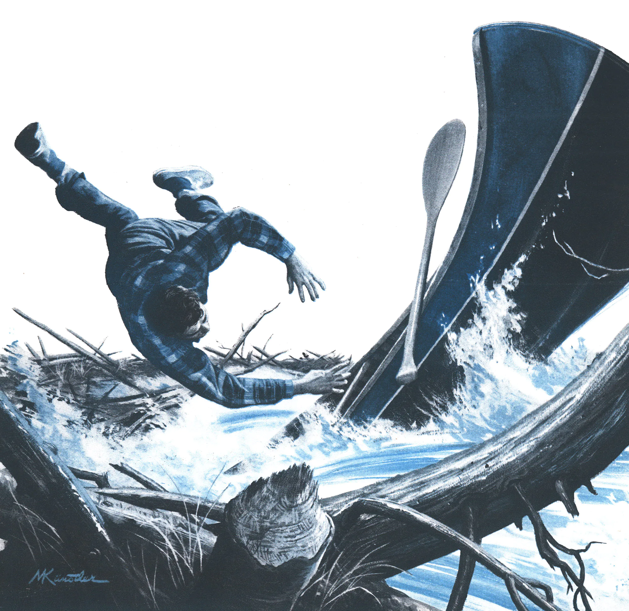 Une illustration d'un pagayeur de canoë enfonçant un barrage de castor.