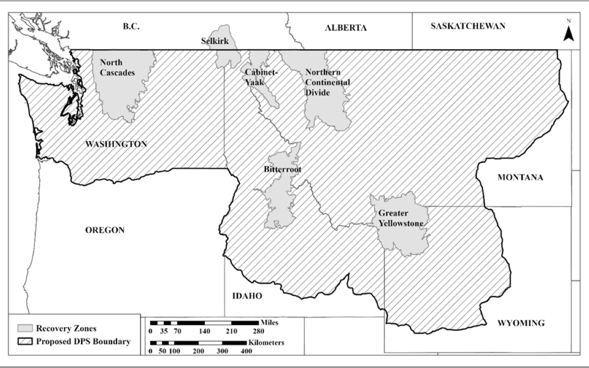 Une carte montrant les zones de récupération des ours grizzlis à l'ouest.