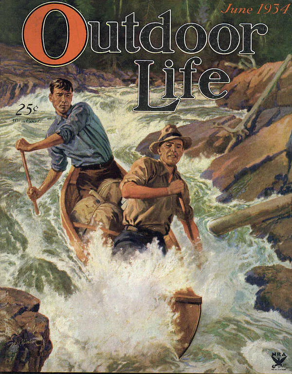 Une illustration de vie extérieure vintage de deux pagayeurs Canoeing