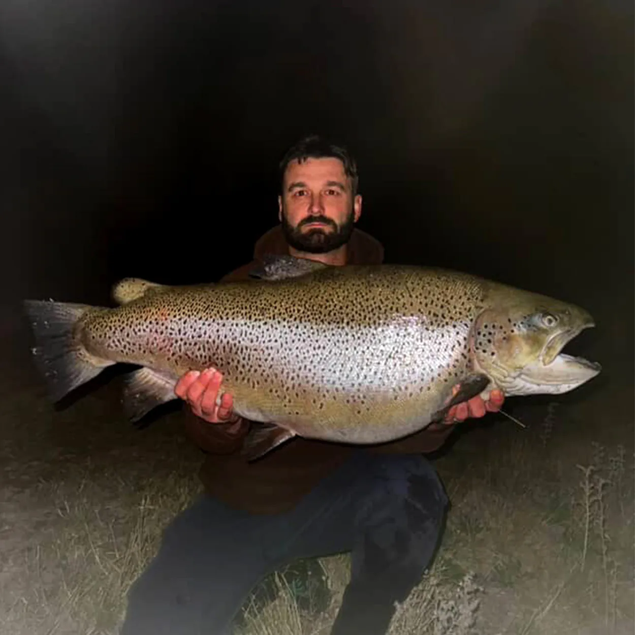 Un pêcheur tient une énorme truite brune de la Nouvelle-Zélande.