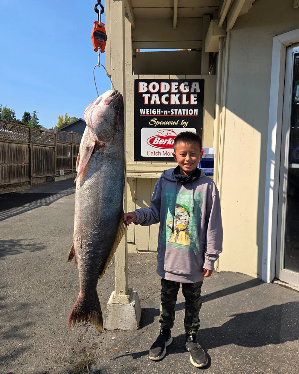 Un pêcheur adolescent avec un gros bar étant pesé dans une boutique d'appâts.