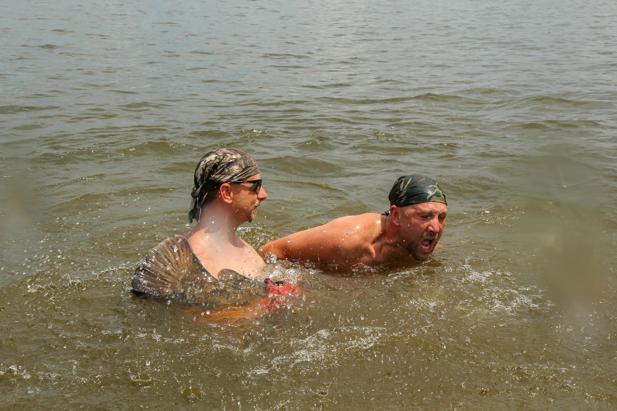 Deux hommes luttent sur un poisson-chat à tête plate à la surface d'un lac.