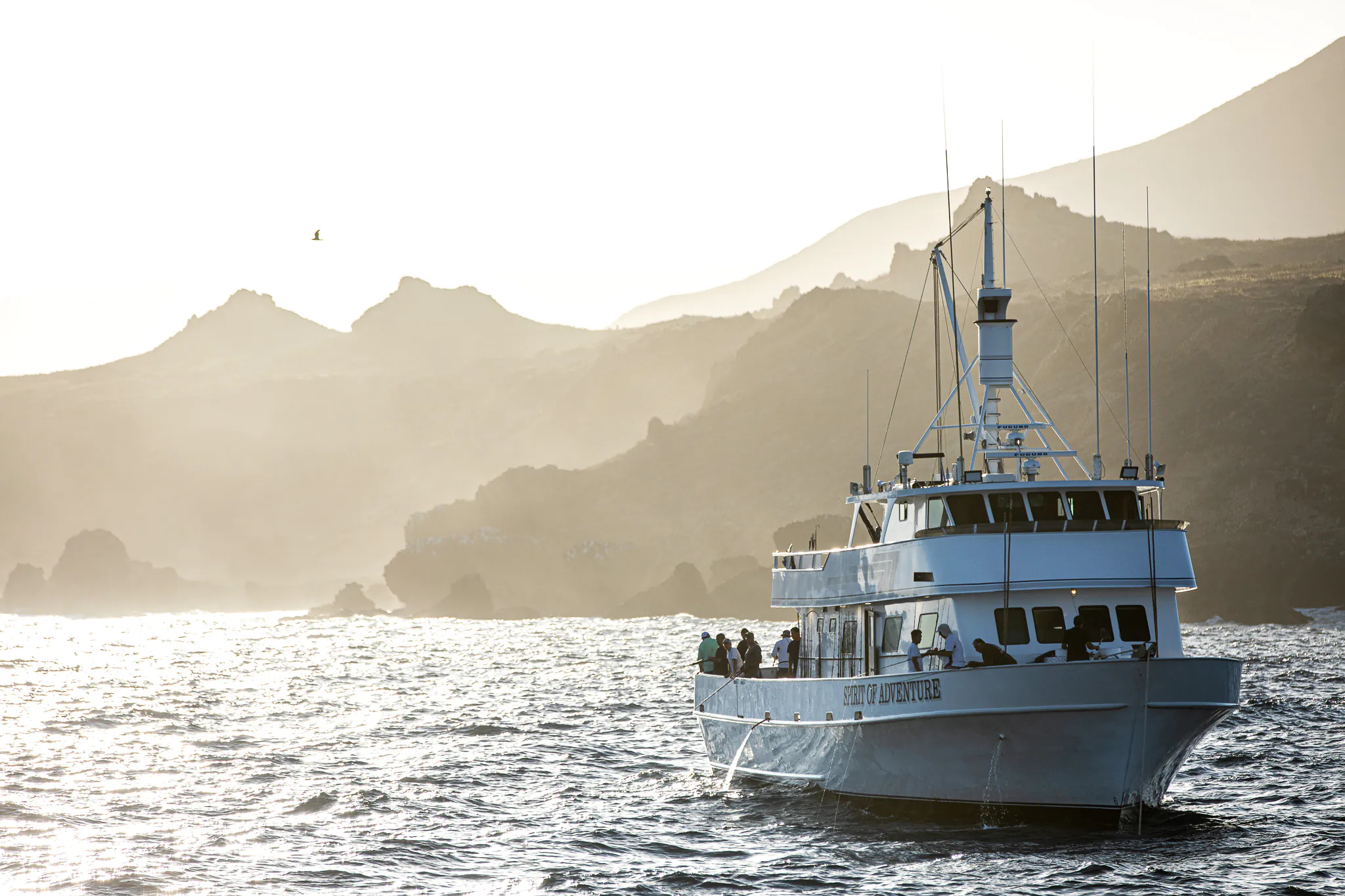 L'Esprit de aventure Motors charter Off-Shore près du rivage dans le sud de la Californie.