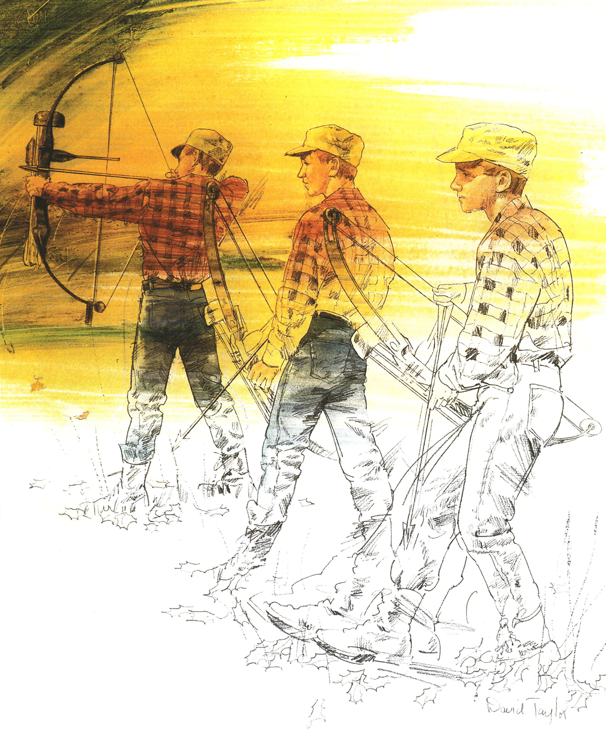 Illustration en lignes et en couleurs d'un jeune chasseur vêtu d'une chemise à carreaux tirant son arc.