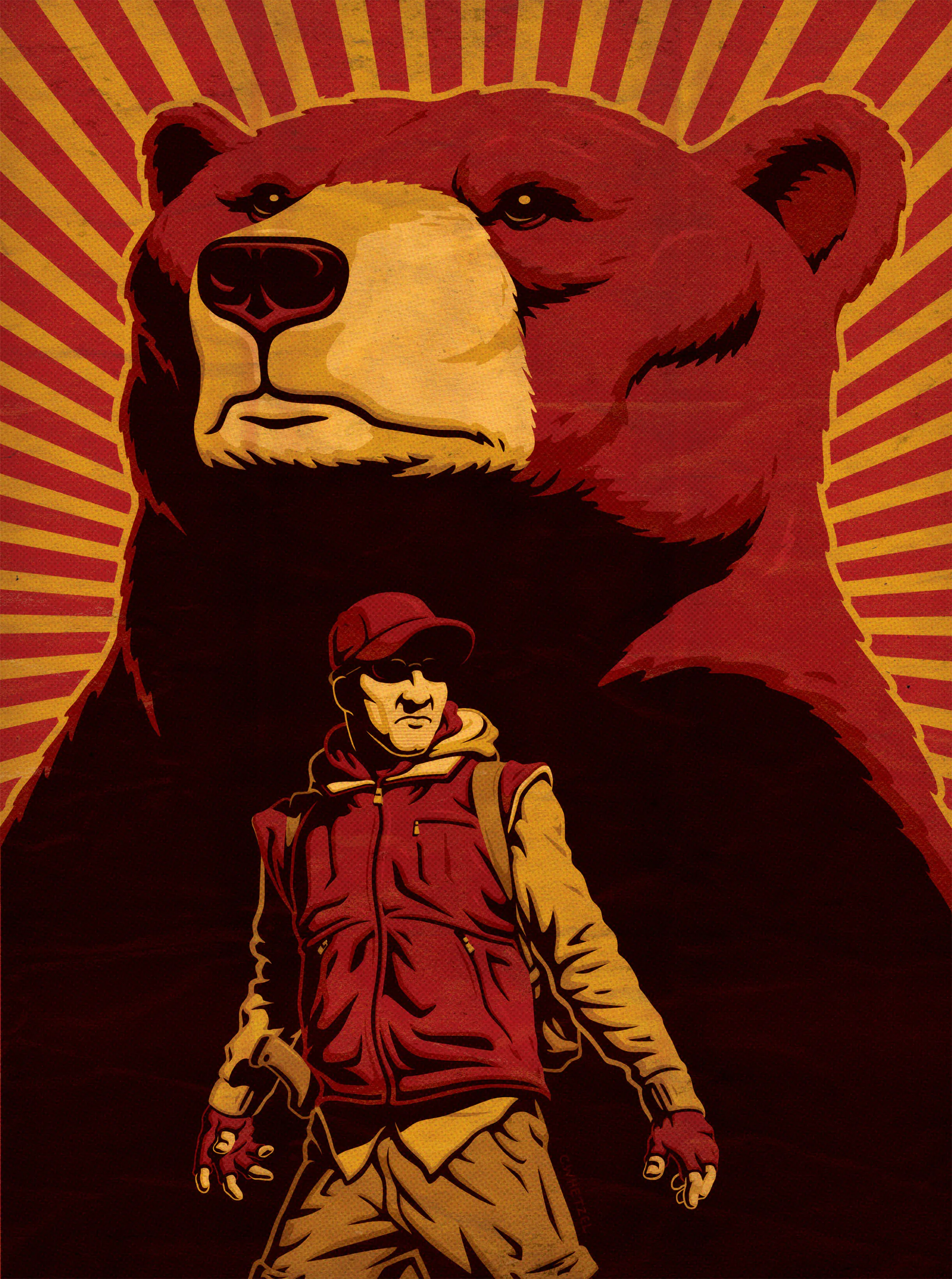 Une illustration d’un ours et d’un homme dans le style soviétique rouge et jaune.