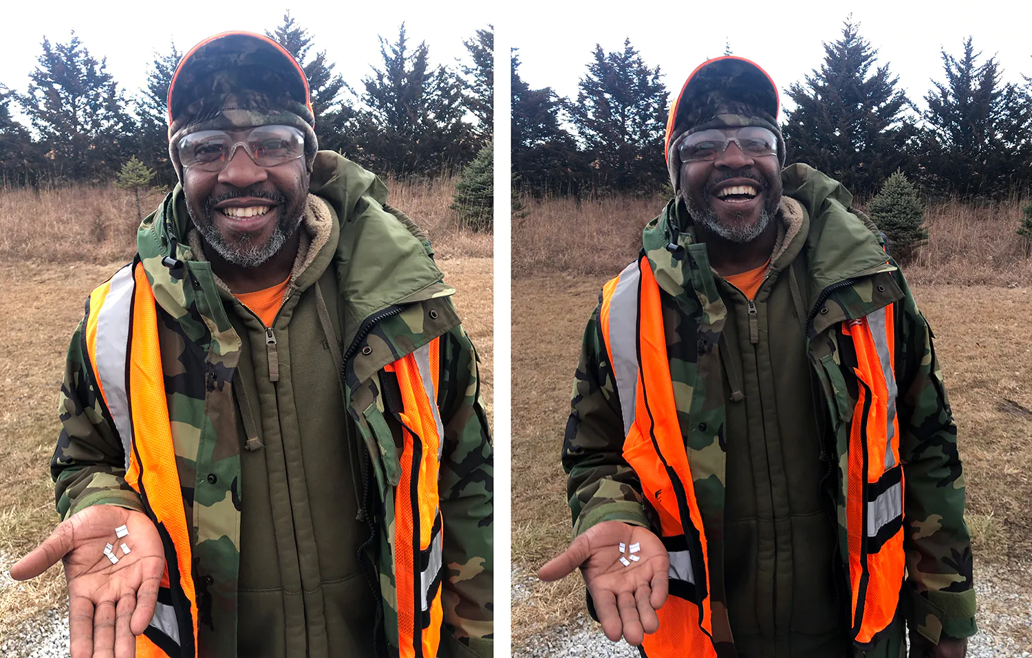Images côte à côte d’un homme en camouflage chasseur et d’un gilet orange flamboyant qui sourit et rit.