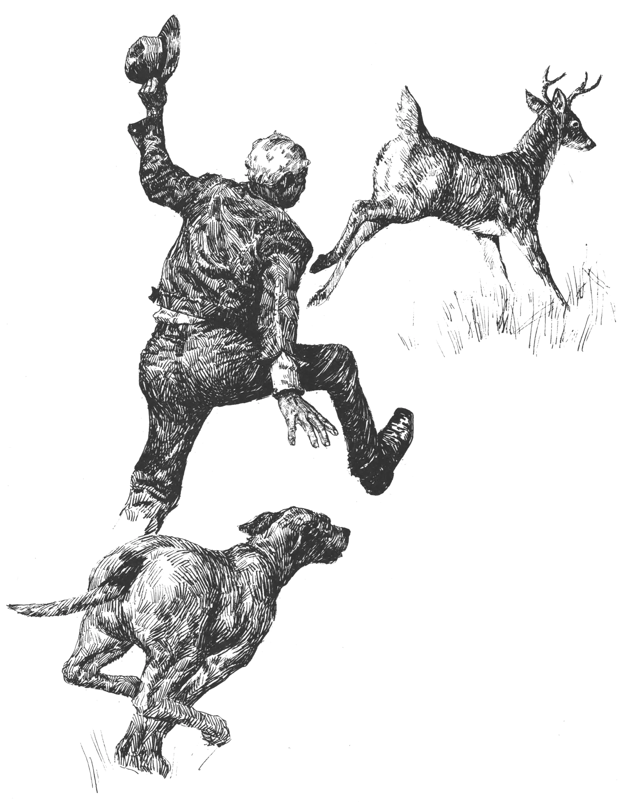 Une illustration en noir et blanc d’un homme et d’un chien courant après un jeune mâle.