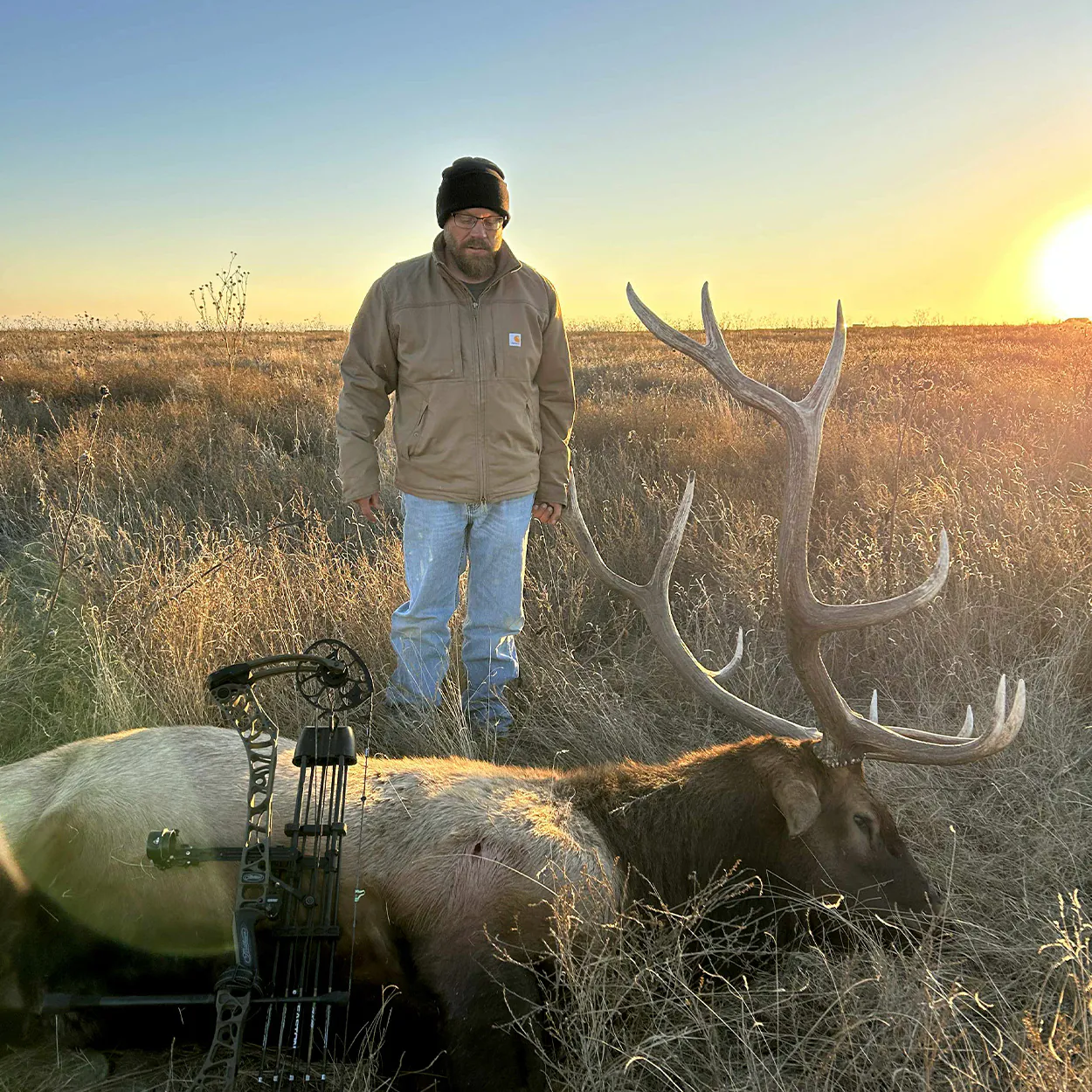 Un chasseur à l'arc avec un gros wapiti pris dans l'enclave de l'Oklahoma.
