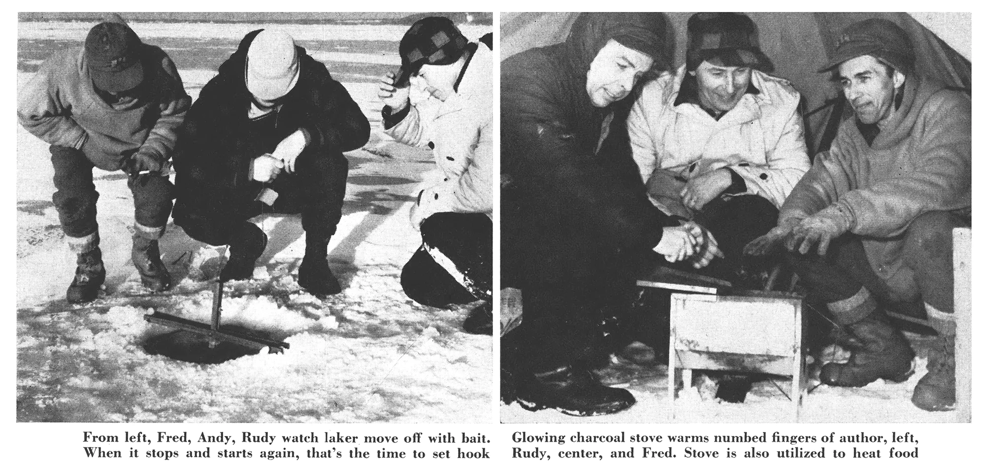 Deux vieilles photos en noir et blanc de pêcheurs sur glace.