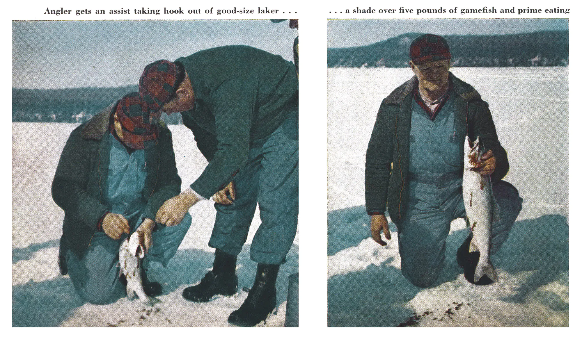 photographies couleur d'un pêcheur sur glace avec des truites.