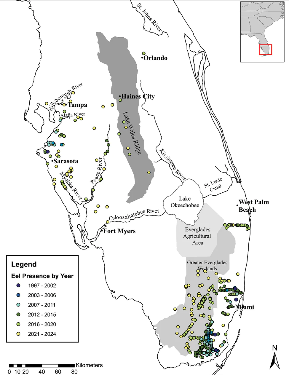 Une carte montrant la propagation des anguilles des marais en Floride.