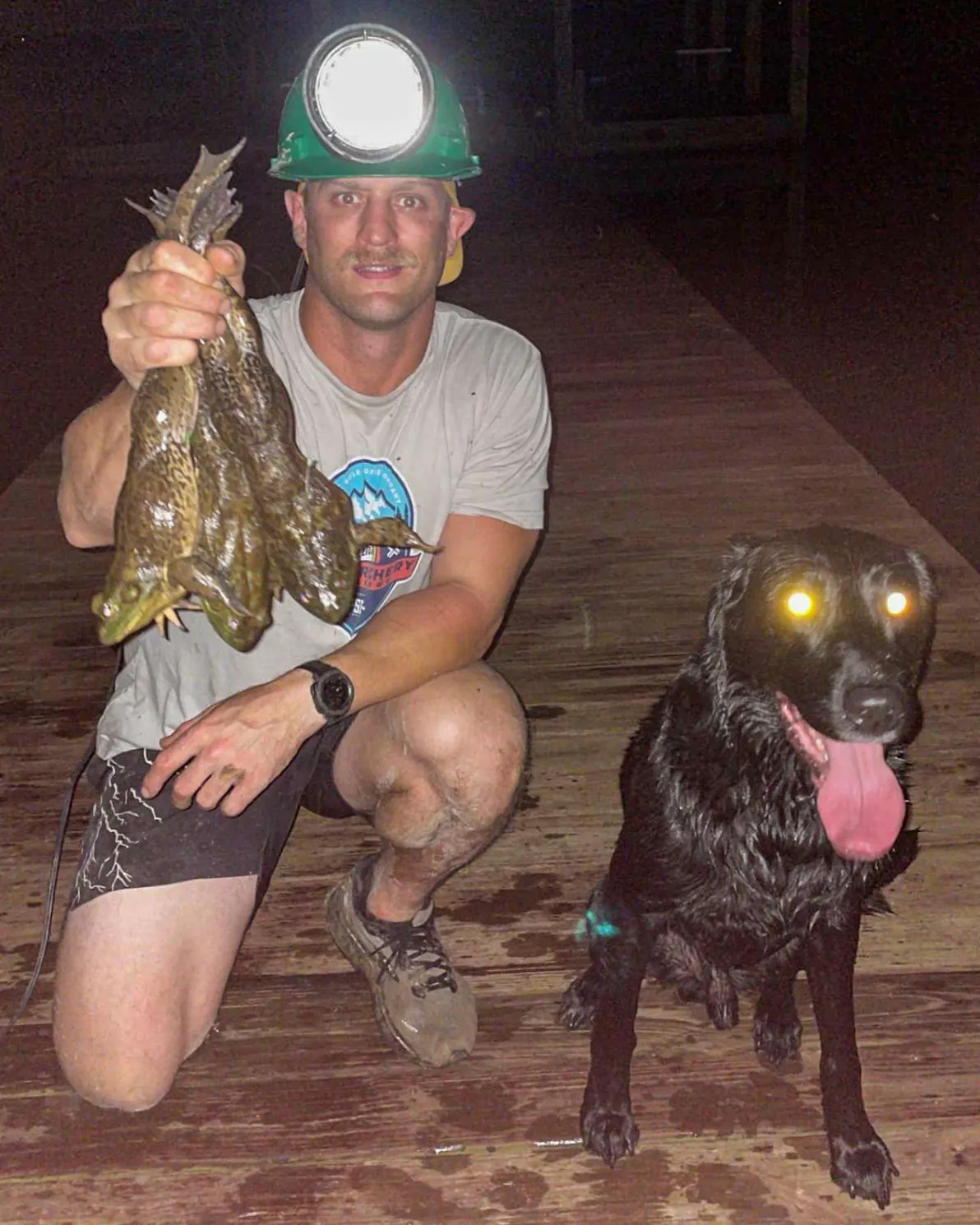 Un homme avec un casque éclairé brandit des ouaouarons à côté de Juice le chien grenouille.