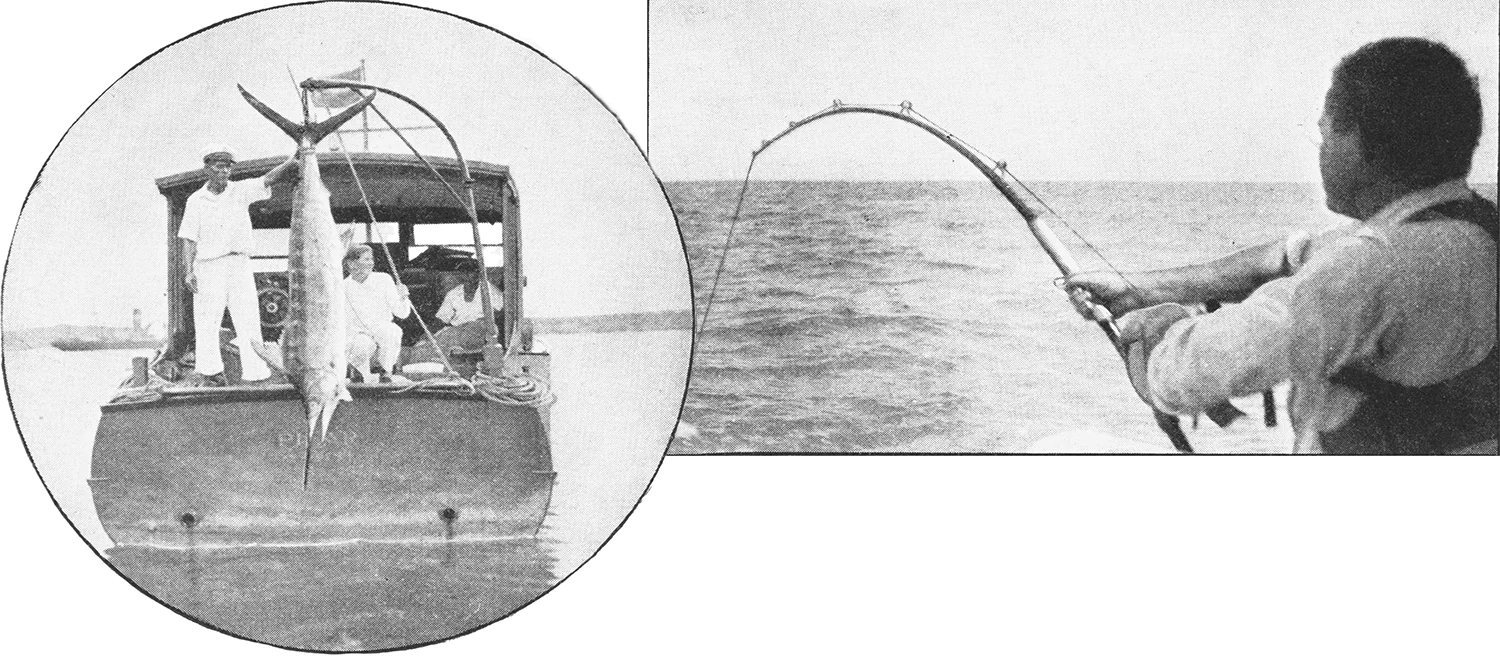 deux vieilles photos de magazine montrant Hemingway et sa femme Pauline, ainsi que Carlos le capitaine du bateau.