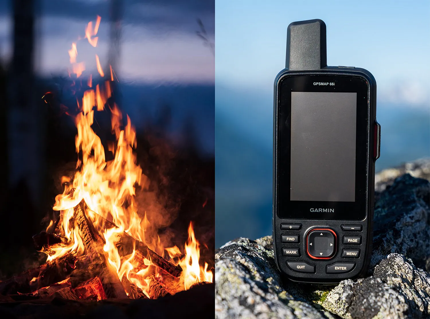 Feu de camp la nuit, appareil Garmin inReach