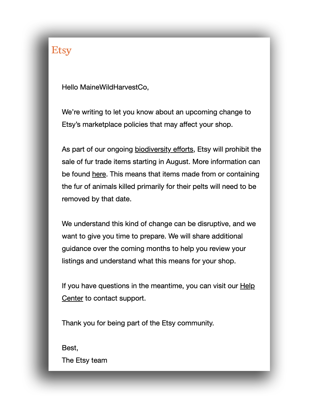 E-mail d'interdiction de fourrure Etsy