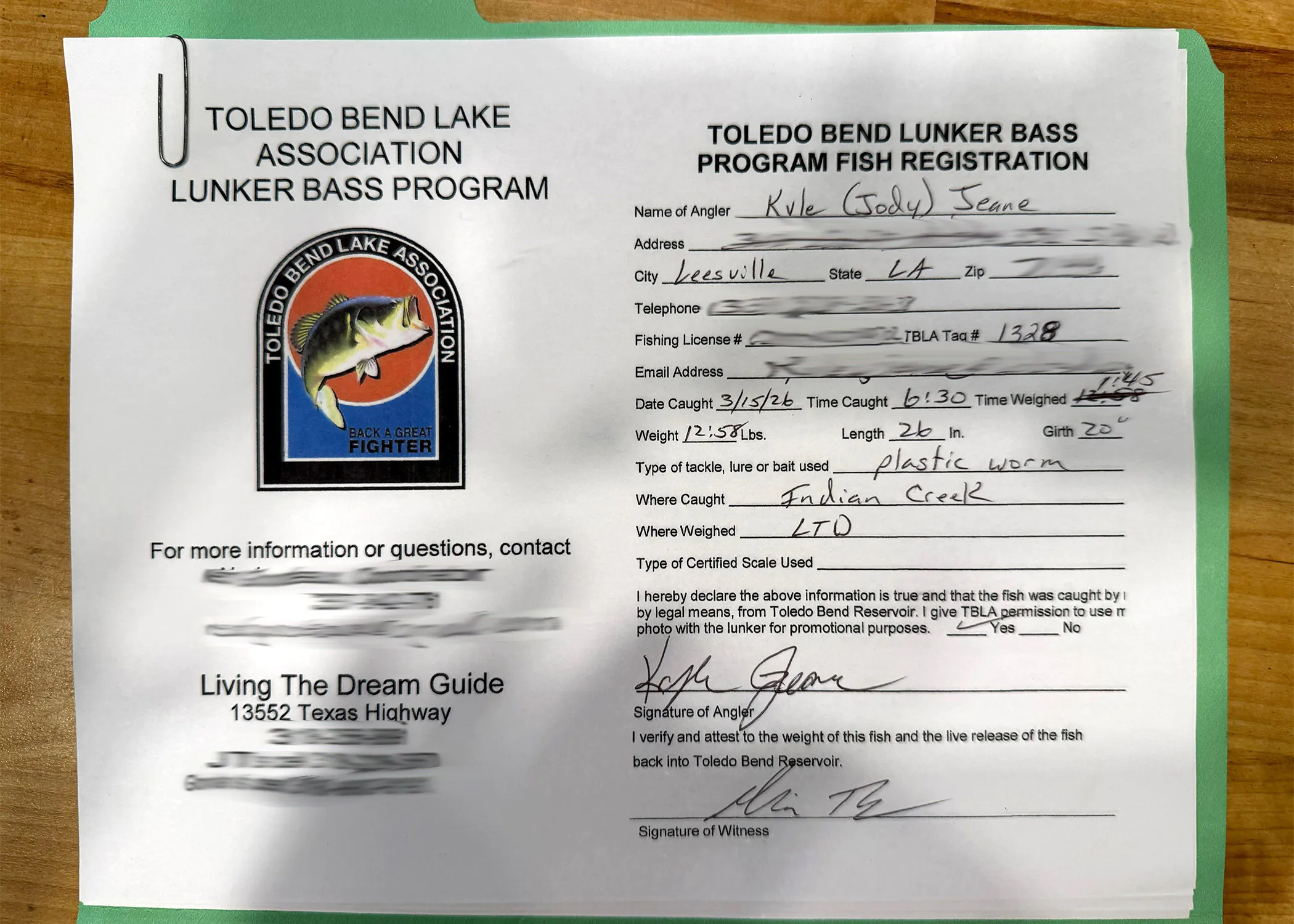 Un formulaire soumis à un programme de lunker bass en Louisiane.