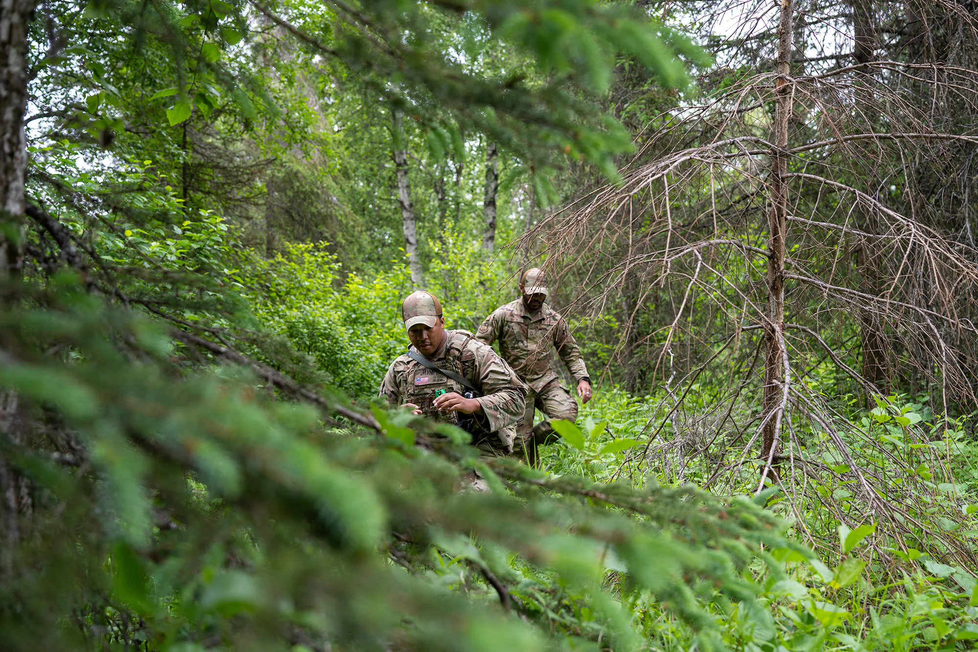 Des aviateurs du 155e Escadron des forces de sécurité effectuent une formation en navigation terrestre lors d'un exercice de déploiement pour l'entraînement à la base conjointe Elmendorf-Richardson, en Alaska, le 22 juin 2025. Le cours a testé la capacité des aviateurs à naviguer sur un terrain inconnu en utilisant un minimum de ressources, en renforçant les compétences fondamentales sur le terrain et en améliorant la préparation de l'unité dans un environnement de déploiement réaliste. (Photo de la Garde nationale aérienne des États-Unis par l'aviateur principal Jeremiah Johnson)
