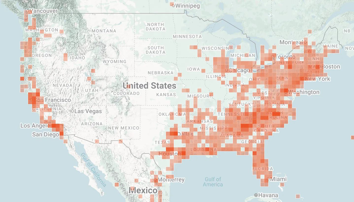 Une carte des observations de vers plats à tête de marteau aux États-Unis