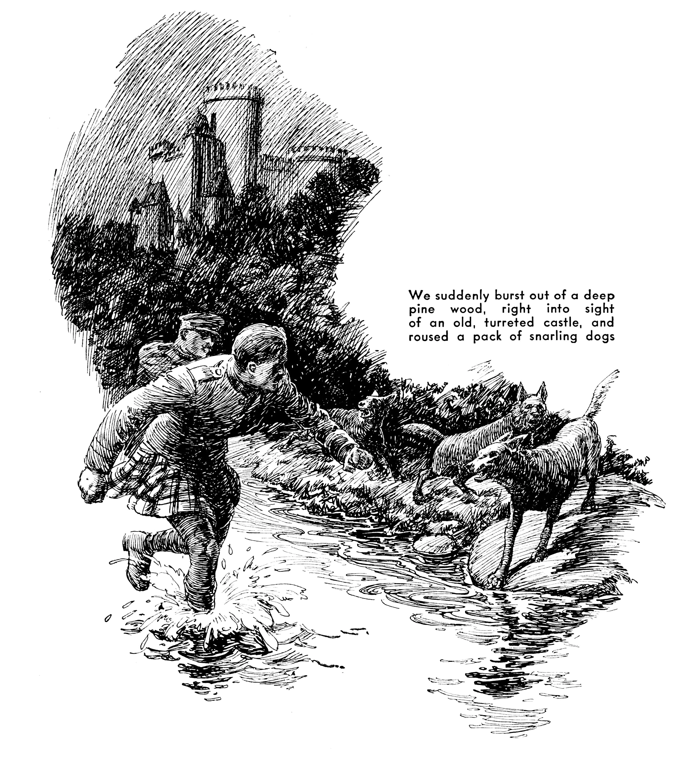 Une illustration en noir et blanc d'hommes s'échappant d'un château
