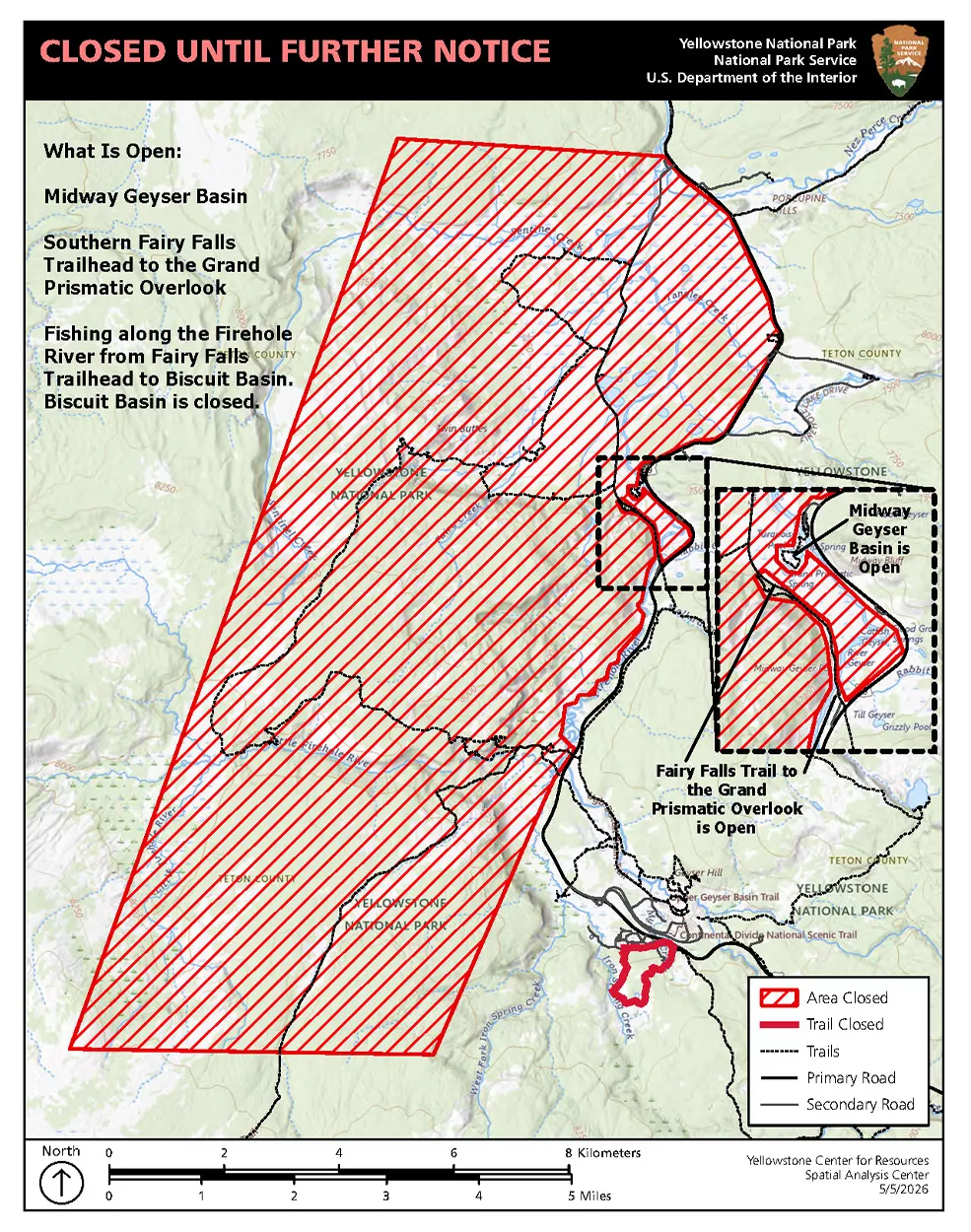 Une carte montrant une zone fermée dans le parc national de Yellowstone.