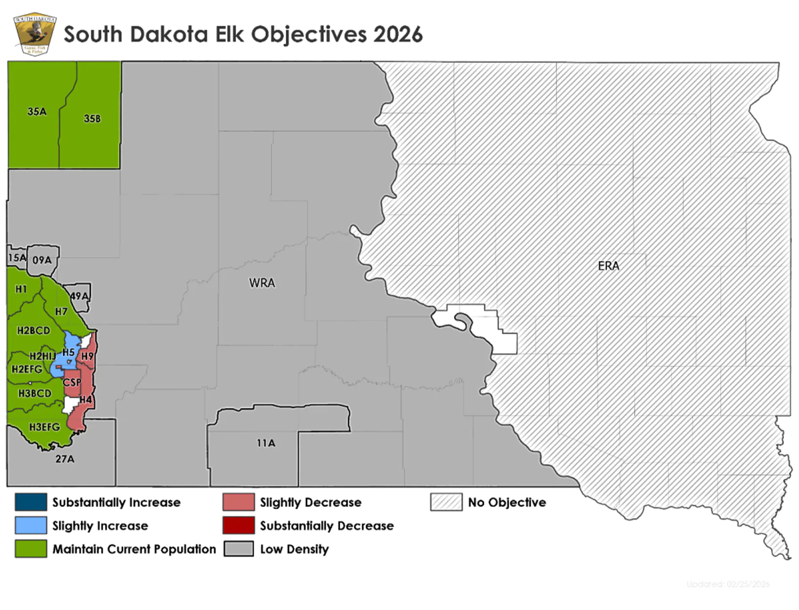 Une carte des objectifs des wapitis du Dakota du Sud.