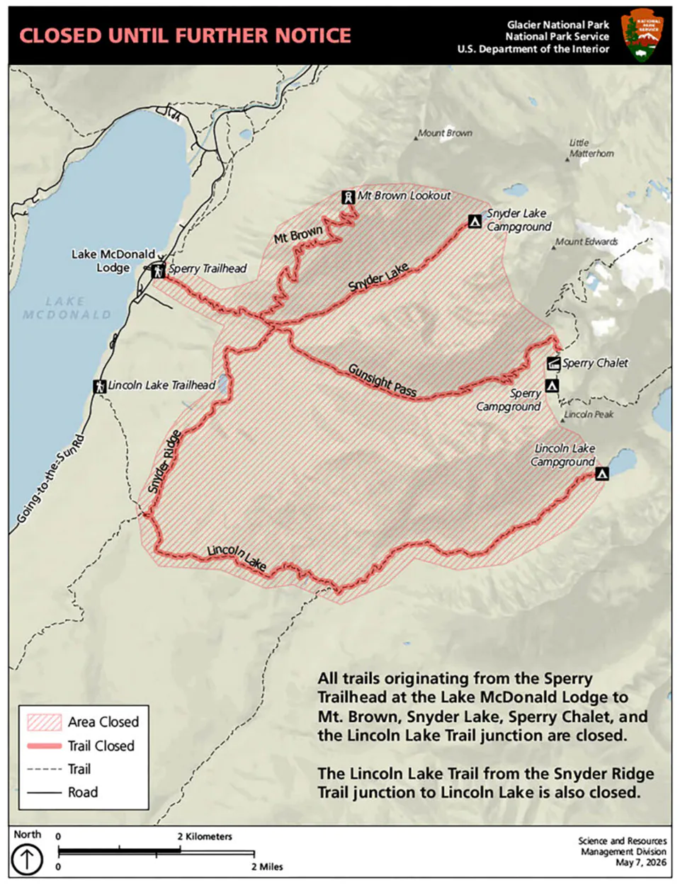 Une carte d'une zone fermée dans le parc national des Glaciers.